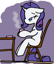 Size: 550x648 | Tagged: safe, artist:liyuku, rarity, pony, unicorn, g4, adventure in the comments, chair, coffee, cup, female, floppy ears, morning ponies, plate, sitting, solo, table, tired