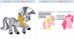 Size: 519x272 | Tagged: safe, fluttershy, pinkie pie, zecora, zebra, derpibooru, g4, evil enchantress, exploitable meme, juxtaposition, juxtaposition win, juxtaposition winception, nah