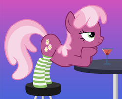 Size: 3508x2829 | Tagged: safe, artist:sn260591, cheerilee, earth pony, pony, g4, alcohol, bar, bedroom eyes, cherry, clothes, cocktail, female, flirting, socks, solo, stool, striped socks, table