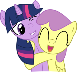 Size: 5000x4656 | Tagged: dead source, safe, artist:burningsoul97, parasol, twilight sparkle, pegasus, pony, unicorn, g4, .ai available, .svg available, ^^, absurd resolution, duo, eyes closed, female, friends, giggling, hug, laughing, mare, one eye closed, one eye open, simple background, transparent background, unicorn twilight, vector