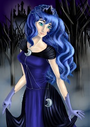 Size: 2480x3507 | Tagged: safe, artist:nightcat93, princess luna, human, g4, clothes, dress, female, gloves, humanized, solo, tree