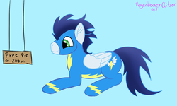 Size: 2500x1500 | Tagged: safe, artist:regxy, soarin', g4, chubby, pie, sign, wonderbolts, wonderbolts uniform