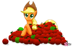 Size: 3718x2379 | Tagged: safe, artist:clouddg, applejack, earth pony, pony, g4, apple, apple pile, simple background, solo, transparent background