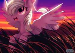 Size: 1415x999 | Tagged: safe, artist:si1vr, flitter, pegasus, pony, g4, chromatic aberration, commission, female, flying, grass, mare, open mouth, smiling, solo, spread wings, sunset, wings