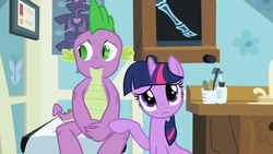 Size: 1280x720 | Tagged: safe, screencap, spike, twilight sparkle, dragon, pony, unicorn, g4, secret of my excess, anatomy chart, chart, doctor's office, female, heart (organ), male, mare, organs