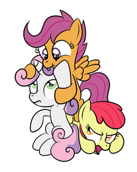 Size: 800x1000 | Tagged: safe, artist:newlunaticrepublic, apple bloom, scootaloo, sweetie belle, g4, apple bloom is not amused, cutie mark crusaders, nom, this will end in angry countryisms, tower of pony, unamused