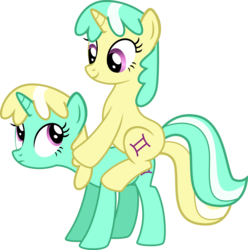 Size: 1223x1235 | Tagged: safe, artist:chipmagnum, gemini (g4), pony, unicorn, g4, duo, duo female, female, gemini, mare, ponies riding ponies, ponyscopes, riding, simple background, transparent background, twins, zodiac