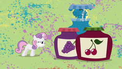 Size: 1280x720 | Tagged: safe, screencap, hugh jelly, sweetie belle, earth pony, pony, unicorn, g4, hearts and hooves day (episode), season 2, abstract background, cherry jam, duo, faic, female, filly, grape jam, handsome face, hearts and hooves day, jam, jelly, jelly pony, male, stallion, the perfect stallion, wat, wtf