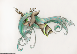 Size: 1015x715 | Tagged: safe, artist:foxinshadow, queen chrysalis, changeling, changeling queen, g4, crown, female, jewelry, regalia, smiling, solo, traditional art