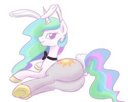 Size: 4500x3600 | Tagged: artist needed, safe, princess celestia, alicorn, pony, g4, bunny ears, bunny suit, bunnylestia, butt, clothes, female, hoof shoes, pantyhose, playboy, playboy bunny, plot, prone, suit, sunbutt