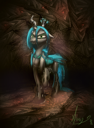 Size: 2338x3180 | Tagged: safe, artist:alumx, queen chrysalis, changeling, changeling queen, g4, crown, female, jewelry, machine, raised hoof, regalia, solo