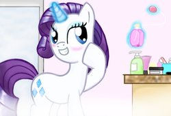 Size: 1024x698 | Tagged: safe, artist:izeah, rarity, pony, g4, female, magic, makeup, perfume, solo