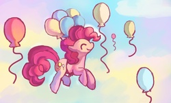 Size: 1000x600 | Tagged: safe, artist:glasswhistle, pinkie pie, pony, g4, balloon, female, flying, happy, solo, then watch her balloons lift her up to the sky