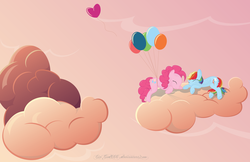 Size: 5100x3300 | Tagged: safe, artist:civwub, pinkie pie, rainbow dash, g4, balloon, cloud, cloudy, female, lesbian, ship:pinkiedash, shipping, then watch her balloons lift her up to the sky