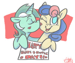 Size: 1200x998 | Tagged: safe, artist:romaniz, bon bon, lyra heartstrings, sweetie drops, earth pony, pony, unicorn, g4, cheek kiss, duo, eyes closed, female, happy, hearts and hooves day, kiss mark, kissing, lesbian, lipstick, one eye closed, ship:lyrabon, shipping, sign, smiling, valentine's day