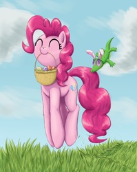 Size: 1551x1945 | Tagged: safe, artist:otakuap, gummy, pinkie pie, earth pony, pony, g4, basket, bunny ears, cloud, cute, diapinkes, easter, easter egg, eyes closed, female, leg fluff, mare