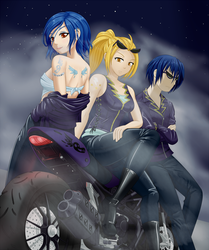 Size: 753x900 | Tagged: safe, artist:dstears, descent, lightning dust, nightshade, human, g4, biker, clothes, humanized, jacket, leather jacket, motorcycle, shadowbolts
