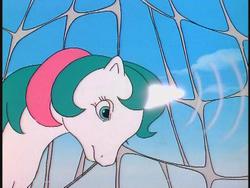 Size: 640x480 | Tagged: safe, screencap, gusty, g1, my little pony 'n friends, glowing, glowing horn, horn, magic, net, spider web, wind