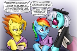 Size: 1164x763 | Tagged: safe, artist:pluckyninja, photo finish, rainbow dash, spitfire, earth pony, pegasus, pony, tumblr:sexy spitfire, g4, bathrobe, clothes, coffee, female, robe, stupid sexy spitfire