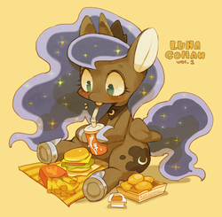 Size: 664x650 | Tagged: safe, artist:rikose, princess luna, pony, g4, burger, cute, dango, drink, female, filly, food, french fries, hamburger, solo, woona, younger