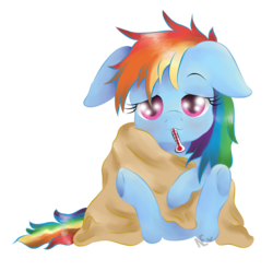 Size: 884x877 | Tagged: safe, artist:avelineh, rainbow dash, g4, backwards thermometer, blushing, sick, thermometer