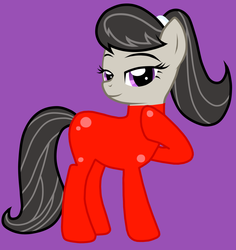 Size: 1280x1356 | Tagged: safe, artist:jennieoo, edit, octavia melody, earth pony, pony, g4, catsuit, female, high ponytail, latex, latex suit, mare, ponytail, red, show accurate, solo