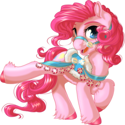 Size: 1021x1024 | Tagged: safe, artist:kittehkatbar, pinkie pie, earth pony, pony, g4, bridle, colored hooves, cute, female, harness, hoof popping, leg fluff, looking at you, mare, open mouth, raised hoof, saddle, sexy saddle, simple background, solo, transparent background, unshorn fetlocks