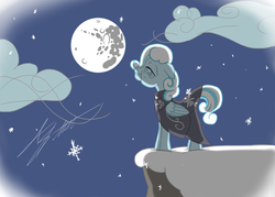 Size: 1008x720 | Tagged: safe, artist:lordlethonai, oc, oc only, oc:snowdrop, cloud, elderly, mare in the moon, moon, older, older snowdrop, snow, snowfall