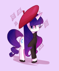 Size: 1172x1404 | Tagged: safe, artist:ccheeserat, rarity, pony, unicorn, g4, beret, female, hat, purple background, simple background, solo, wink