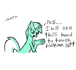 Size: 1600x1476 | Tagged: safe, artist:ohgodilovepenis, lyra heartstrings, pony, g4, female, hand, simple background, solo, text