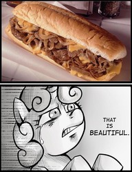 Size: 589x768 | Tagged: safe, sweetie belle, g4, cheese steak, exploitable meme, philadelphia greatest contribution to the world, philly cheesesteak, that is beautiful