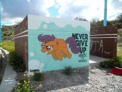 Size: 4320x3240 | Tagged: safe, artist:shinodage, scootaloo, pegasus, pony, g4, buzzing wings, female, graffiti, irl, mare, photo, scootaloo can fly, solo, wings