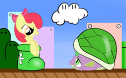 Size: 960x600 | Tagged: safe, artist:hip-indeed, apple bloom, spike, g4, crossover, evil, goomba's shoe, koopa shell, smirk, super mario bros., super mario bros. 3
