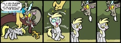Size: 1000x355 | Tagged: safe, alternate version, artist:shuffle001, derpy hooves, discord, pegasus, pony, g4, comic, derpified, female, mare, open mouth, swirly eyes, tongue out