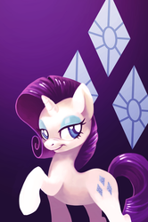 Size: 722x1086 | Tagged: dead source, safe, artist:feyrah, rarity, pony, unicorn, g4, cutie mark background, female, gradient background, lidded eyes, looking at you, looking sideways, raised hoof, smiling, solo, standing, turned head