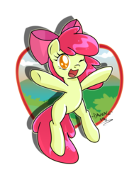 Size: 1957x2500 | Tagged: safe, artist:danmakuman, apple bloom, earth pony, pony, g4, adorabloom, bipedal, cute, female, filly, looking at you, one eye closed, signature, simple background, smiling, solo, transparent background, wink