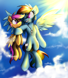 Size: 881x1000 | Tagged: safe, artist:kairaanix, rainbow dash, scootaloo, pegasus, pony, g4, both cutie marks, chains, cloud, cloudy, duo, duo female, female, filly, flying, jewelry, mare, necklace, scootaloo can fly, scootalove, sky, wings