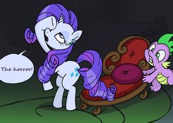 Size: 1280x909 | Tagged: safe, artist:ceberog, rarity, spike, g4, couch, fainting couch, marshmelodrama, the horror