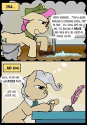 Size: 400x576 | Tagged: safe, artist:owlor, mayor mare, from the desk of mayor mare, g4, bed, bucket, cleaning, comic, desk, humor, military, non-dyed mayor, parchment, quill, scrubbing, soap