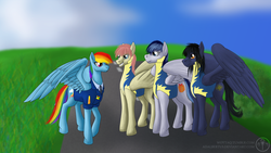 Size: 1600x900 | Tagged: safe, artist:adalbertus, rainbow dash, oc, oc:lemur, oc:linds, oc:stardust mach, g4, wonderbolts