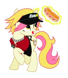 Size: 1617x1856 | Tagged: safe, artist:peachpalette, oc, oc only, oc:peach palette, pony, clothes, fast food, food, magic, solo, subway (restaurant), uniform, working