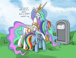 Size: 1170x900 | Tagged: safe, princess celestia, rainbow dash, alicorn, pegasus, pony, g4, butt, celestia's grave meme, exploitable meme, female, grave, hilarious in hindsight, implied death, mare, meme, nintendo, plot, trollbait, wii u, wii u gamepad