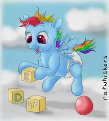 Size: 850x943 | Tagged: safe, artist:ratwhiskers, rainbow dash, pony, g4, baby, cute, diaper, female, filly, filly rainbow dash, foal, solo