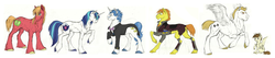 Size: 1600x341 | Tagged: safe, artist:php130, artist:tsukikoko, big macintosh, bulk biceps, carrot cake, fancypants, featherweight, roid rage, shining armor, earth pony, pegasus, pony, unicorn, g4, clothes, collaboration, colt, male, raised hoof, realistic anatomy, realistic horse legs, stallion, traditional art