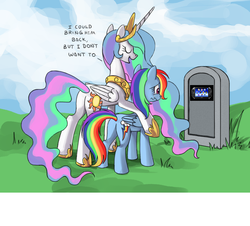 Size: 780x704 | Tagged: safe, princess celestia, rainbow dash, alicorn, pegasus, pony, g4, butt, celestia's grave meme, exploitable meme, female, implied death, mare, playstation vita, plot