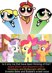 Size: 500x700 | Tagged: safe, apple bloom, scootaloo, sweetie belle, g4, blossom (powerpuff girls), bubbles (powerpuff girls), buttercup (powerpuff girls), cutie mark crusaders, powerpuff crusaders, the powerpuff girls