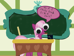 Size: 872x658 | Tagged: safe, artist:frist44, cheerilee, earth pony, pony, g4, as if i really look like this, big fat meanie, chalk, chalkboard, female, googly eyes, new student starfish, ponyville schoolhouse, ruler, solo, special eyes, spongebob squarepants