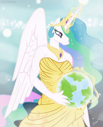Size: 1024x1263 | Tagged: safe, artist:devanstar, princess celestia, alicorn, anthro, g4, clothes, creation, dress, earth, female, giant anthro, giantess, giantlestia, glowing, glowing horn, goddess, horn, macro, magic, mare, pony bigger than a planet, solo, wings