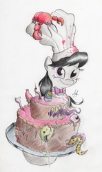 Size: 2533x4292 | Tagged: safe, artist:raindeimos, octavia melody, fish, lobster, g4, cake, chef's hat, female, hat, solo, teeth, tentacles, traditional art