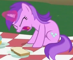 Size: 453x373 | Tagged: safe, screencap, amethyst star, sparkler, pony, unicorn, g4, the mysterious mare do well, angry, bread, cropped, glowing horn, horn, magic, open mouth, out of context, picnic, sandwich, yelling, yelling at food
